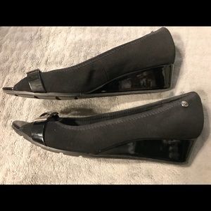 Anne Klein open toe black wedge